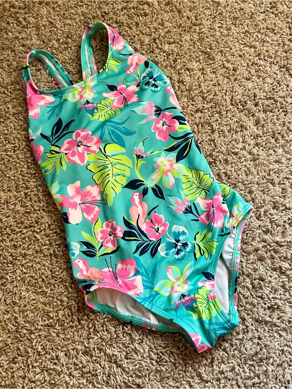 Lands End Girls Floral One-Piece Swimsuit - Teal & Pink